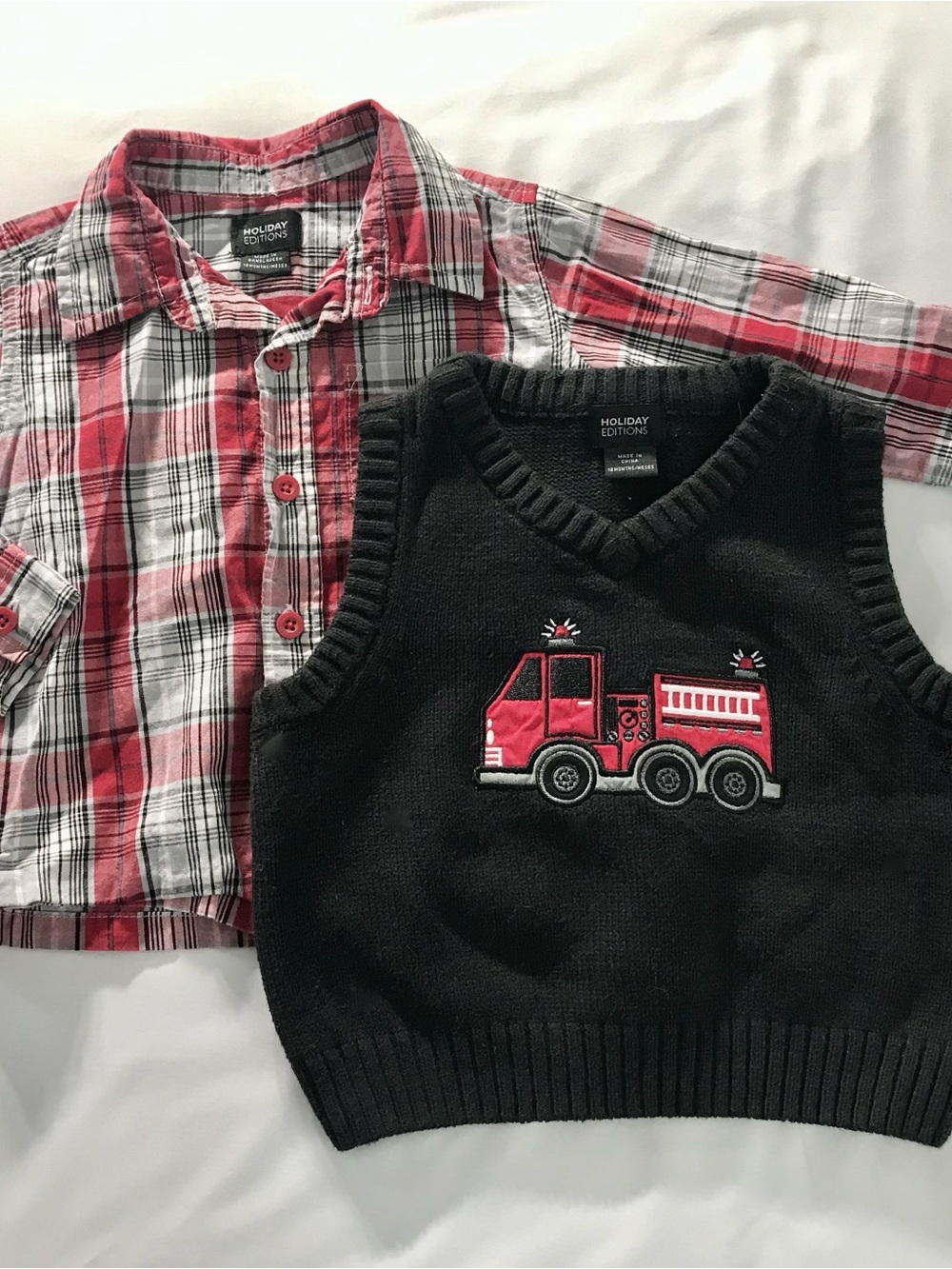 Holiday Editions Kids Black Sweater Vest with Red Plaid Button-Down Shirt